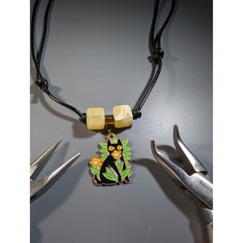 Handmade Black Cat Enamel Pendant Necklace Adjustable Cord Botanical Floral Bead